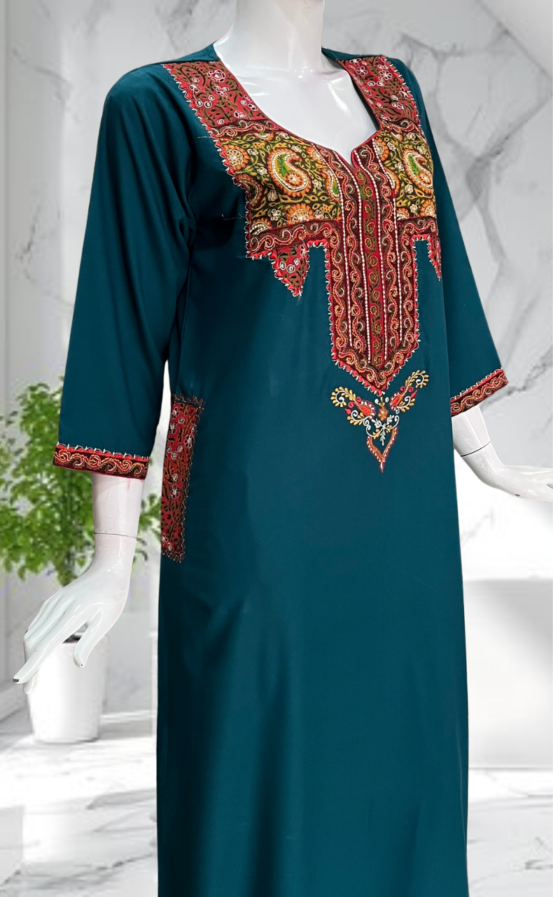 Teal Green Bhopali Embroidery Soft Cotton Long Sleeves Nighty. Soft Breathable Fabric | Laces and Frills - Laces and Frills