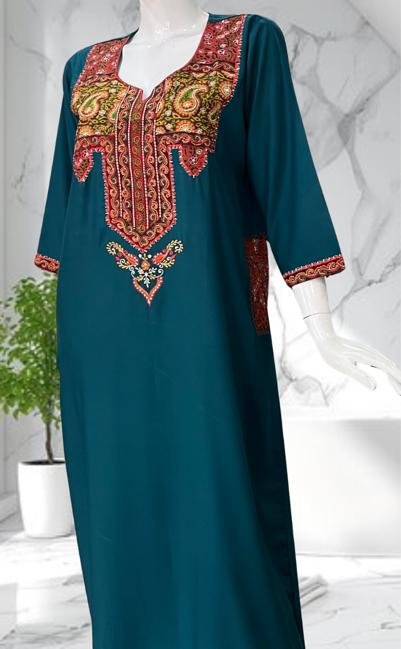 Teal Green Bhopali Embroidery Soft Cotton Long Sleeves Nighty. Soft Breathable Fabric | Laces and Frills - Laces and Frills