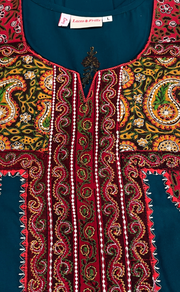 Teal Green Bhopali Embroidery Soft Cotton Long Sleeves Nighty. Soft Breathable Fabric | Laces and Frills - Laces and Frills