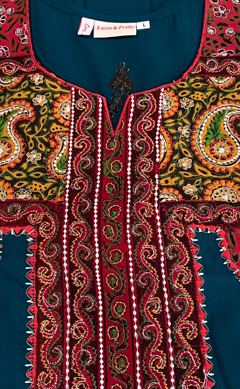 Teal Green Bhopali Embroidery Soft Cotton Long Sleeves Nighty. Soft Breathable Fabric | Laces and Frills - Laces and Frills