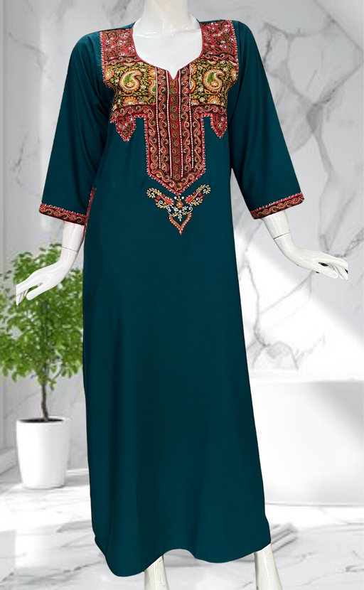 Teal Green Bhopali Embroidery Soft Cotton Long Sleeves Nighty. Soft Breathable Fabric | Laces and Frills - Laces and Frills