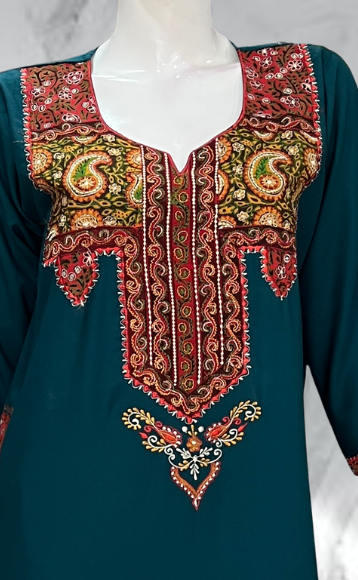 Teal Green Bhopali Embroidery Soft Cotton Long Sleeves Nighty. Soft Breathable Fabric | Laces and Frills - Laces and Frills