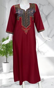 Maroon Bhopali Embroidery Soft Cotton Long Sleeves Nighty. Soft Breathable Fabric | Laces and Frills - Laces and Frills