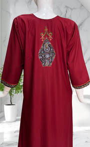 Maroon Bhopali Embroidery Soft Cotton Long Sleeves Nighty. Soft Breathable Fabric | Laces and Frills - Laces and Frills