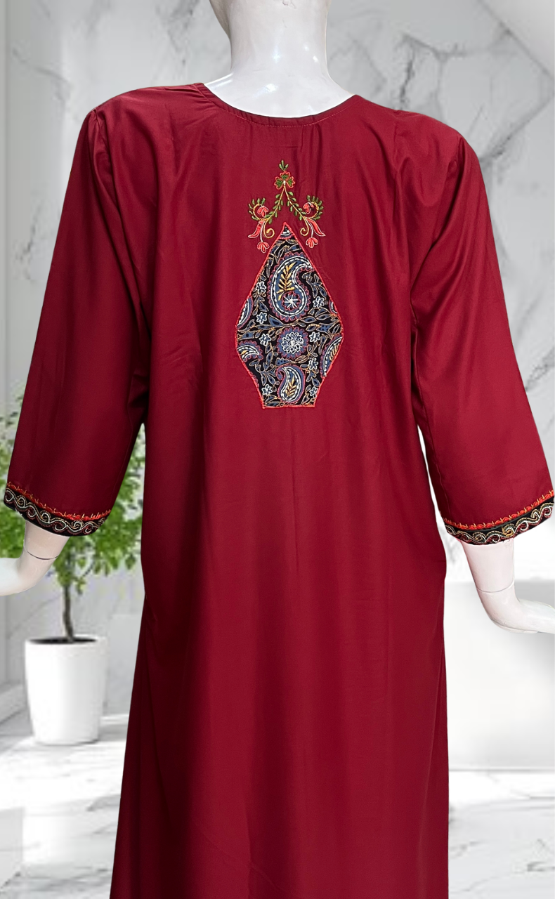 Maroon Bhopali Embroidery Soft Cotton Long Sleeves Nighty. Soft Breathable Fabric | Laces and Frills - Laces and Frills