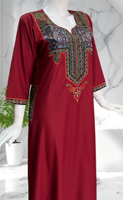Maroon Bhopali Embroidery Soft Cotton Long Sleeves Nighty. Soft Breathable Fabric | Laces and Frills - Laces and Frills