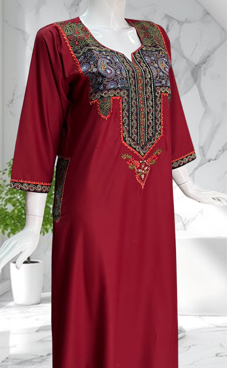 Maroon Bhopali Embroidery Soft Cotton Long Sleeves Nighty. Soft Breathable Fabric | Laces and Frills - Laces and Frills