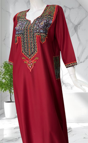 Maroon Bhopali Embroidery Soft Cotton Long Sleeves Nighty. Soft Breathable Fabric | Laces and Frills - Laces and Frills