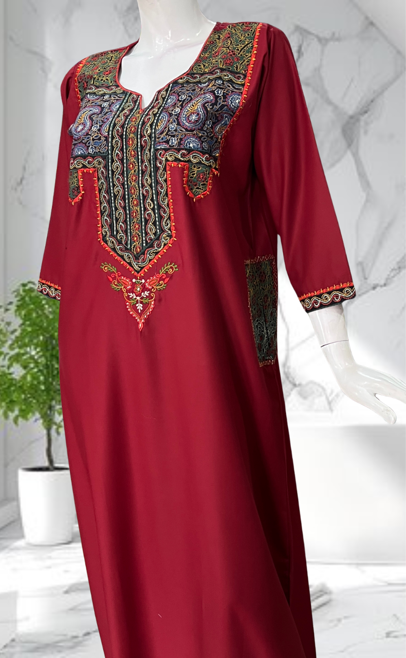 Maroon Bhopali Embroidery Soft Cotton Long Sleeves Nighty. Soft Breathable Fabric | Laces and Frills - Laces and Frills
