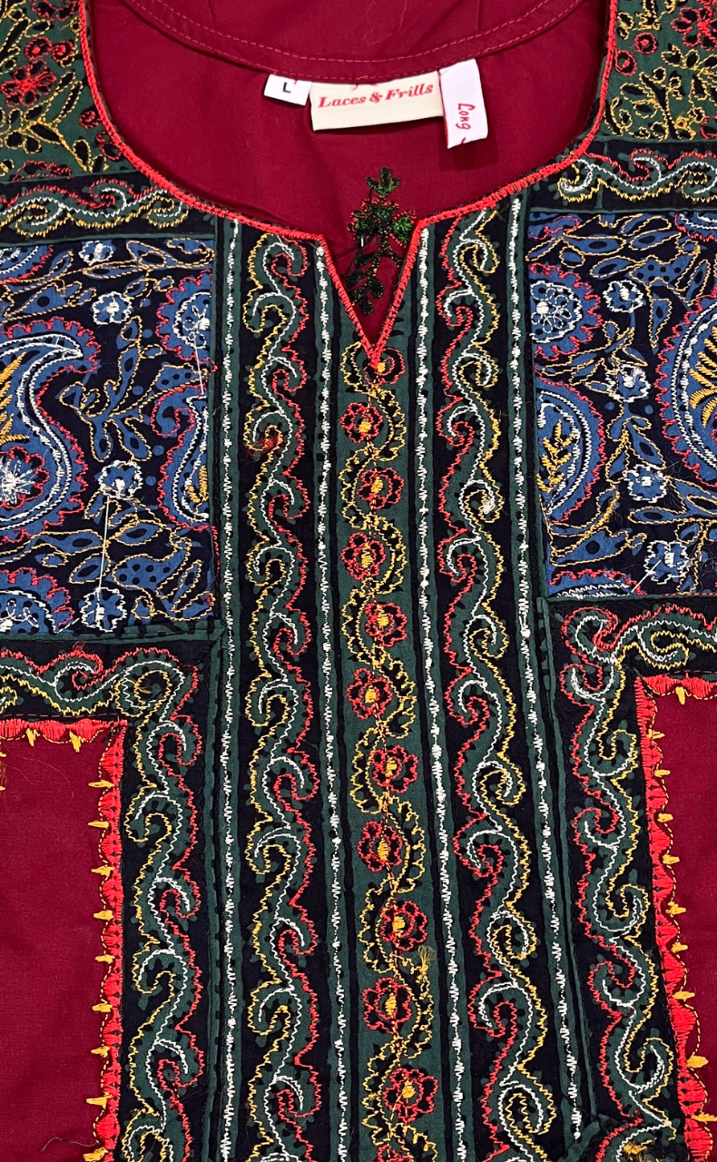 Maroon Bhopali Embroidery Soft Cotton Long Sleeves Nighty. Soft Breathable Fabric | Laces and Frills - Laces and Frills
