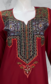 Maroon Bhopali Embroidery Soft Cotton Long Sleeves Nighty. Soft Breathable Fabric | Laces and Frills - Laces and Frills