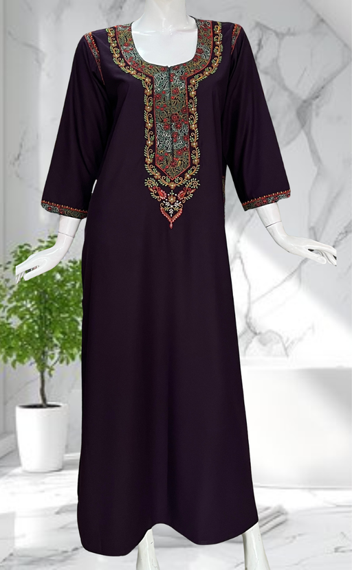 Dark Violet Bhopali Embroidery Soft Cotton Long Sleeves Nighty. Soft Breathable Fabric | Laces and Frills - Laces and Frills