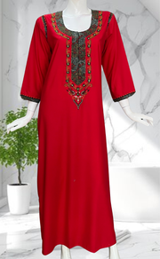 Red Bhopali Embroidery Soft Cotton Long Sleeves Nighty. Soft Breathable Fabric | Laces and Frills - Laces and Frills