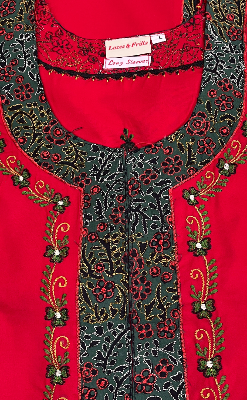 Red Bhopali Embroidery Soft Cotton Long Sleeves Nighty. Soft Breathable Fabric | Laces and Frills - Laces and Frills