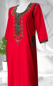 Red Bhopali Embroidery Soft Cotton Long Sleeves Nighty. Soft Breathable Fabric | Laces and Frills - Laces and Frills