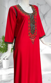 Red Bhopali Embroidery Soft Cotton Long Sleeves Nighty. Soft Breathable Fabric | Laces and Frills - Laces and Frills