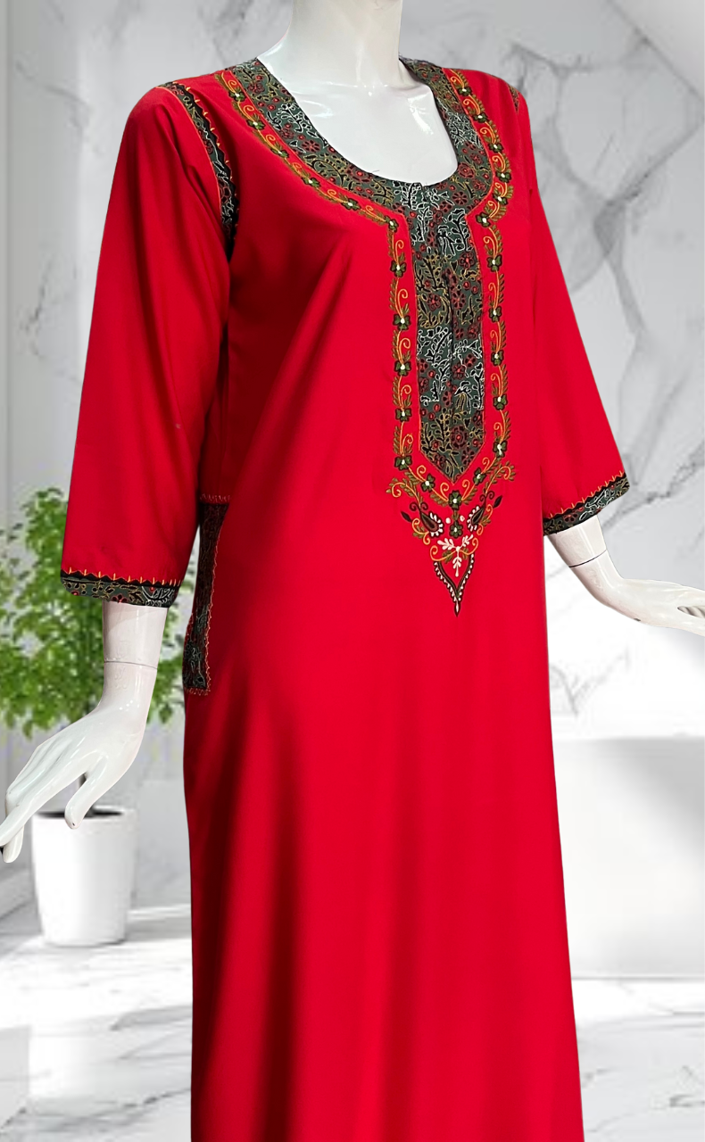 Red Bhopali Embroidery Soft Cotton Long Sleeves Nighty. Soft Breathable Fabric | Laces and Frills - Laces and Frills