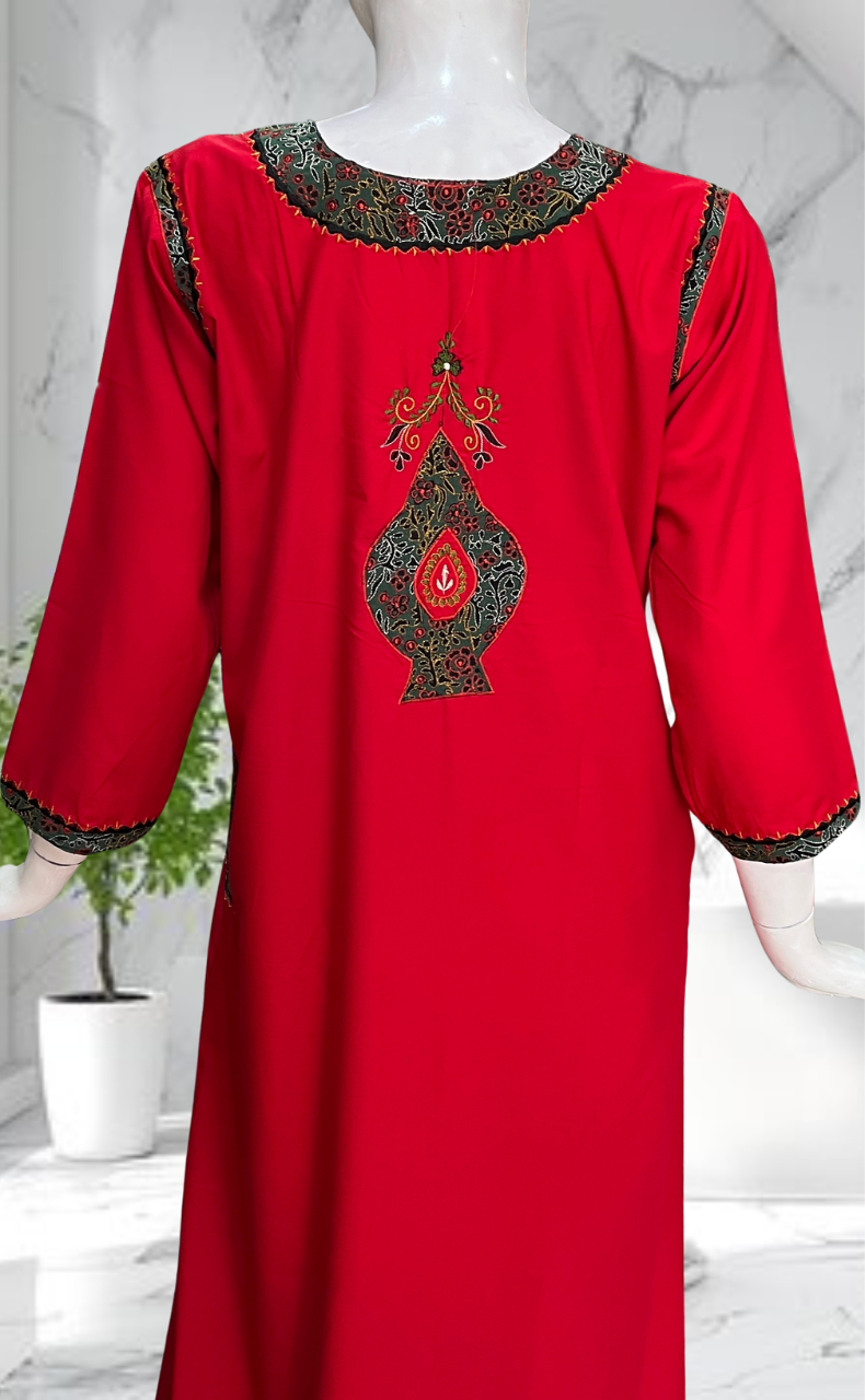 Red Bhopali Embroidery Soft Cotton Long Sleeves Nighty. Soft Breathable Fabric | Laces and Frills - Laces and Frills