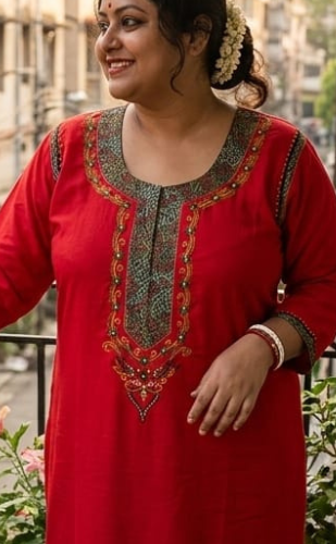 Red Bhopali Embroidery Soft Cotton Long Sleeves Nighty. Soft Breathable Fabric | Laces and Frills - Laces and Frills