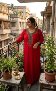Red Bhopali Embroidery Soft Cotton Long Sleeves Nighty. Soft Breathable Fabric | Laces and Frills - Laces and Frills