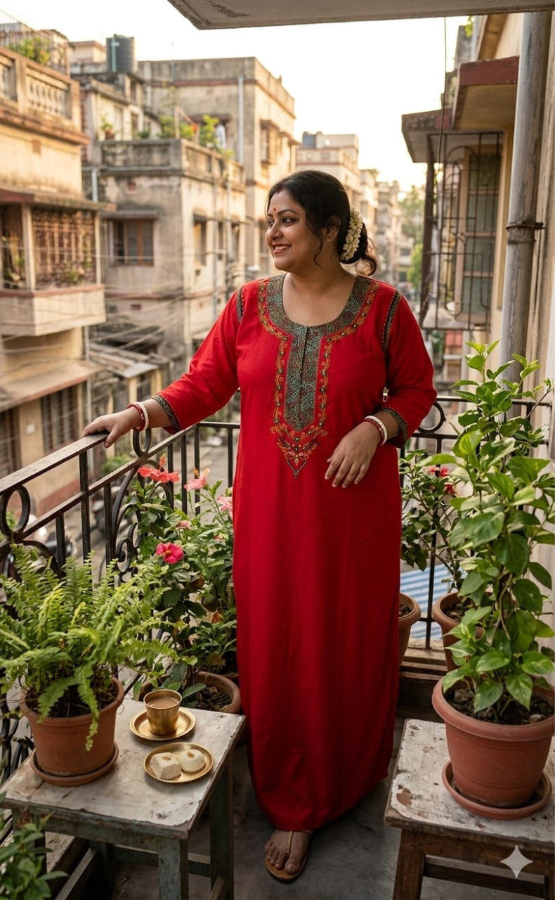 Red Bhopali Embroidery Soft Cotton Long Sleeves Nighty. Soft Breathable Fabric | Laces and Frills - Laces and Frills