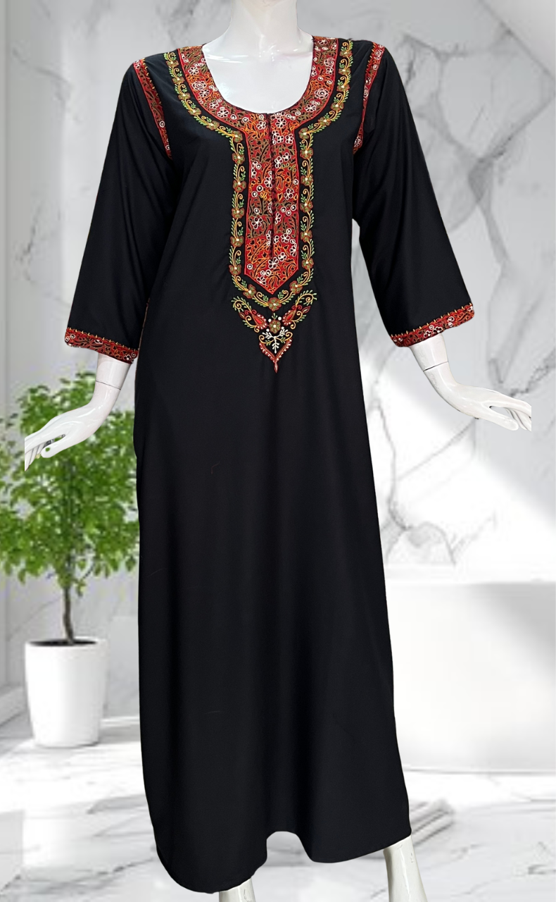 Black Bhopali Embroidery Soft Cotton Long Sleeves Nighty. Soft Breathable Fabric | Laces and Frills - Laces and Frills