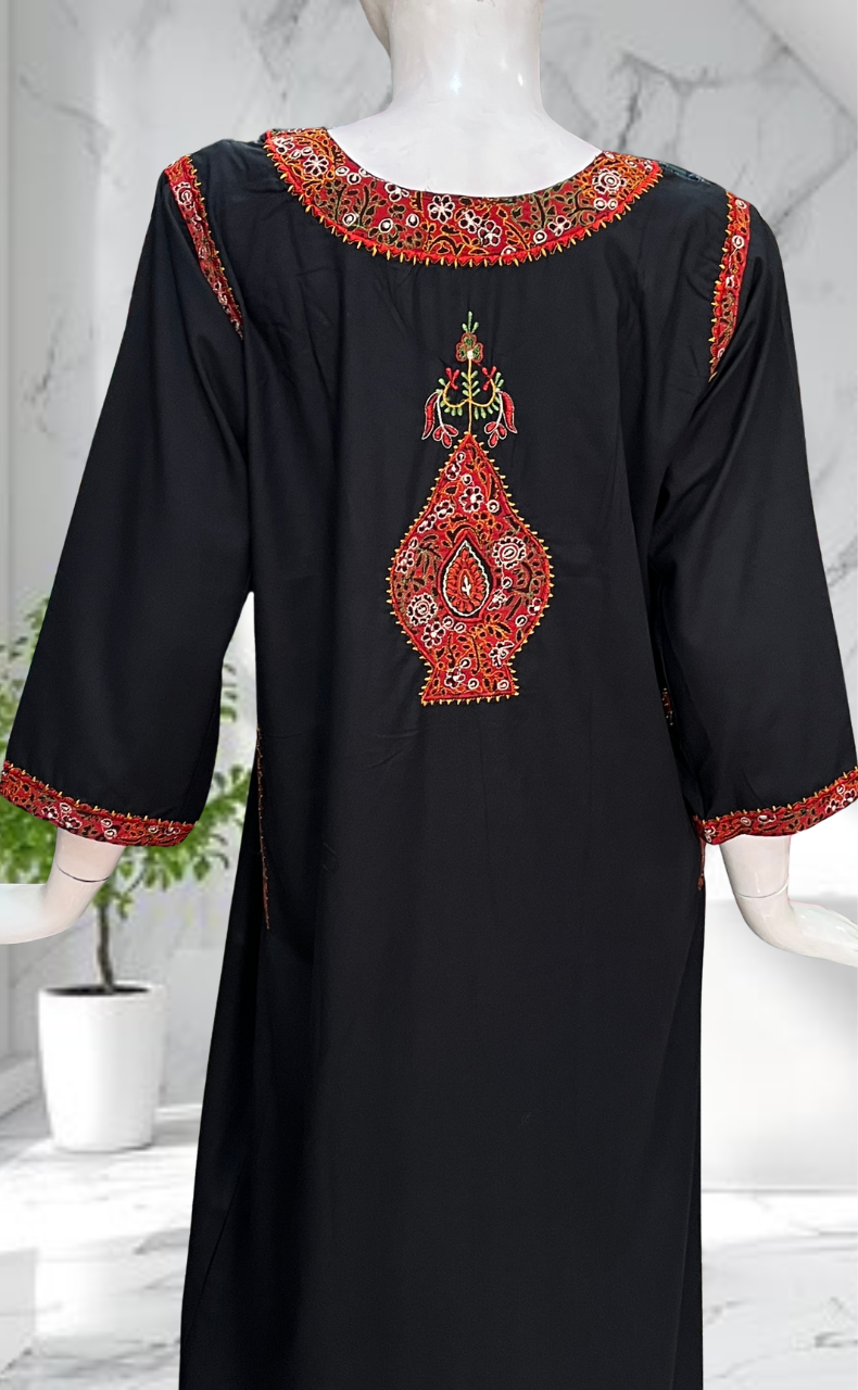 Black Bhopali Embroidery Soft Cotton Long Sleeves Nighty. Soft Breathable Fabric | Laces and Frills - Laces and Frills