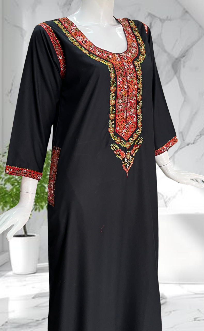 Black Bhopali Embroidery Soft Cotton Long Sleeves Nighty. Soft Breathable Fabric | Laces and Frills - Laces and Frills