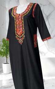 Black Bhopali Embroidery Soft Cotton Long Sleeves Nighty. Soft Breathable Fabric | Laces and Frills - Laces and Frills