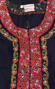 Black Bhopali Embroidery Soft Cotton Long Sleeves Nighty. Soft Breathable Fabric | Laces and Frills - Laces and Frills