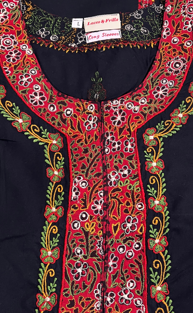 Black Bhopali Embroidery Soft Cotton Long Sleeves Nighty. Soft Breathable Fabric | Laces and Frills - Laces and Frills