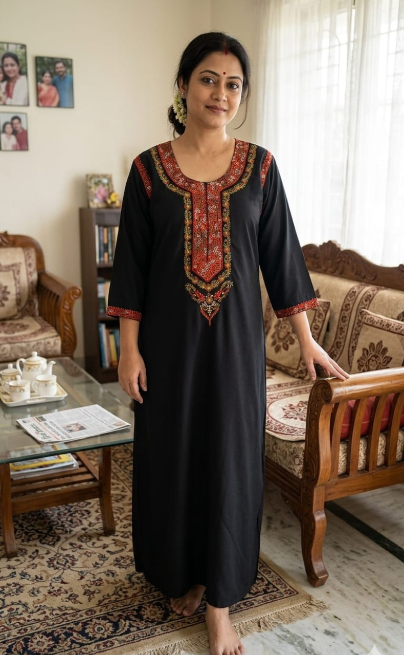 Black Bhopali Embroidery Soft Cotton Long Sleeves Nighty. Soft Breathable Fabric | Laces and Frills - Laces and Frills