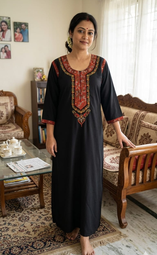 Black Bhopali Embroidery Soft Cotton Long Sleeves Nighty. Soft Breathable Fabric | Laces and Frills - Laces and Frills