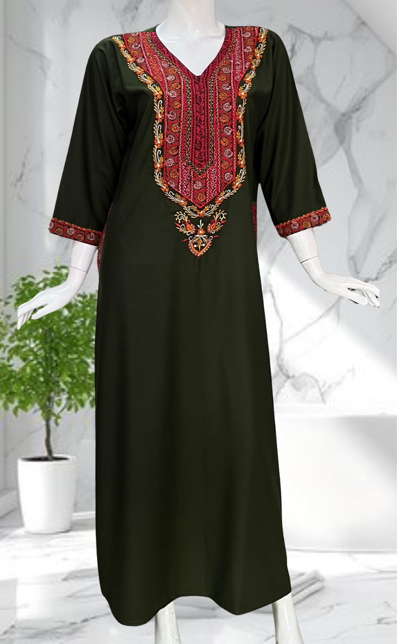 Olive Green Bhopali Embroidery Soft Cotton Long Sleeves Nighty. Soft B Laces and Frills Olive Green Bhopali Embroidery Soft Cotton Long Sleeves Nighty. Soft B Laces and Frills