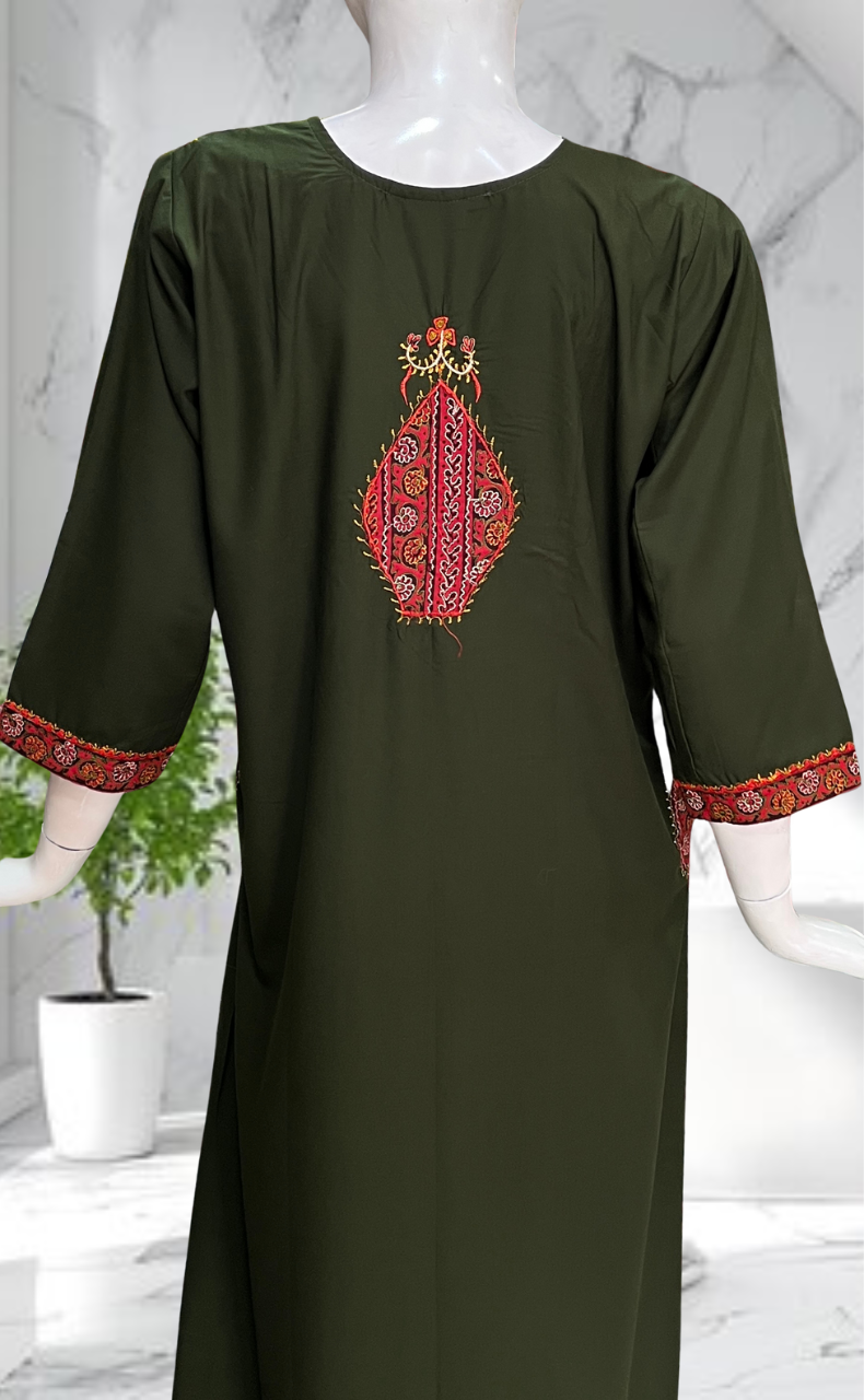 Olive Green Bhopali Embroidery Soft Cotton Long Sleeves Nighty. Soft Breathable Fabric | Laces and Frills - Laces and Frills