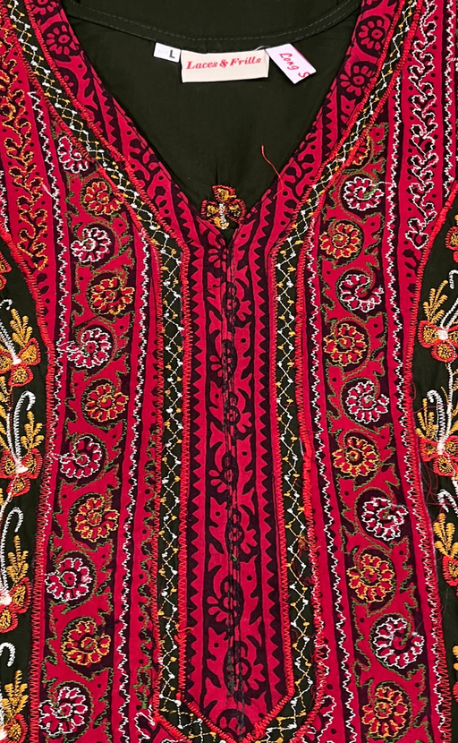 Olive Green Bhopali Embroidery Soft Cotton Long Sleeves Nighty. Soft Breathable Fabric | Laces and Frills - Laces and Frills