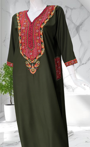 Olive Green Bhopali Embroidery Soft Cotton Long Sleeves Nighty. Soft Breathable Fabric | Laces and Frills - Laces and Frills