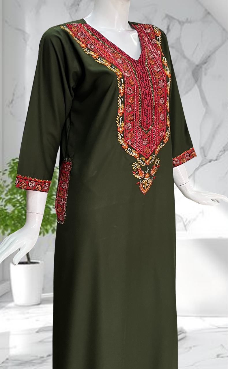 Olive Green Bhopali Embroidery Soft Cotton Long Sleeves Nighty. Soft Breathable Fabric | Laces and Frills - Laces and Frills