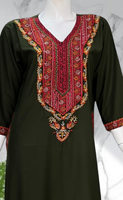 Olive Green Bhopali Embroidery Soft Cotton Long Sleeves Nighty. Soft Breathable Fabric | Laces and Frills - Laces and Frills