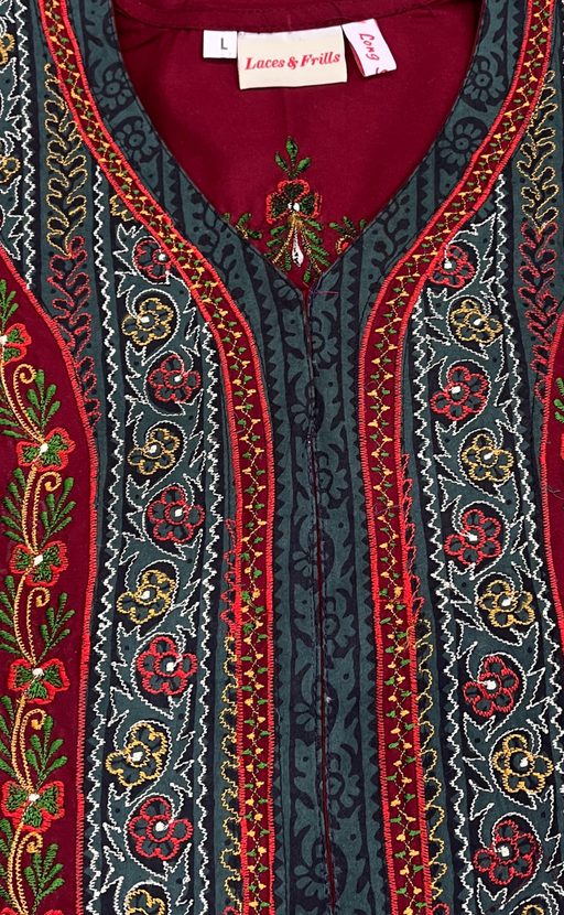 Maroon Bhopali Embroidery Soft Cotton Long Sleeves Nighty. Soft Breathable Fabric | Laces and Frills - Laces and Frills