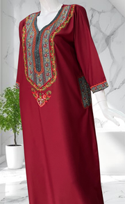 Maroon Bhopali Embroidery Soft Cotton Long Sleeves Nighty. Soft Breathable Fabric | Laces and Frills - Laces and Frills