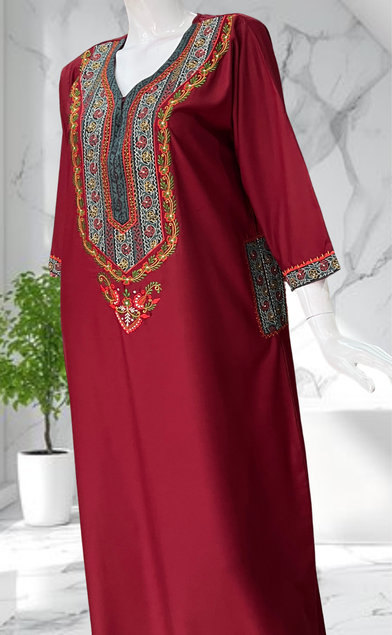 Maroon Bhopali Embroidery Soft Cotton Long Sleeves Nighty. Soft Breathable Fabric | Laces and Frills - Laces and Frills