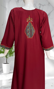 Maroon Bhopali Embroidery Soft Cotton Long Sleeves Nighty. Soft Breathable Fabric | Laces and Frills - Laces and Frills