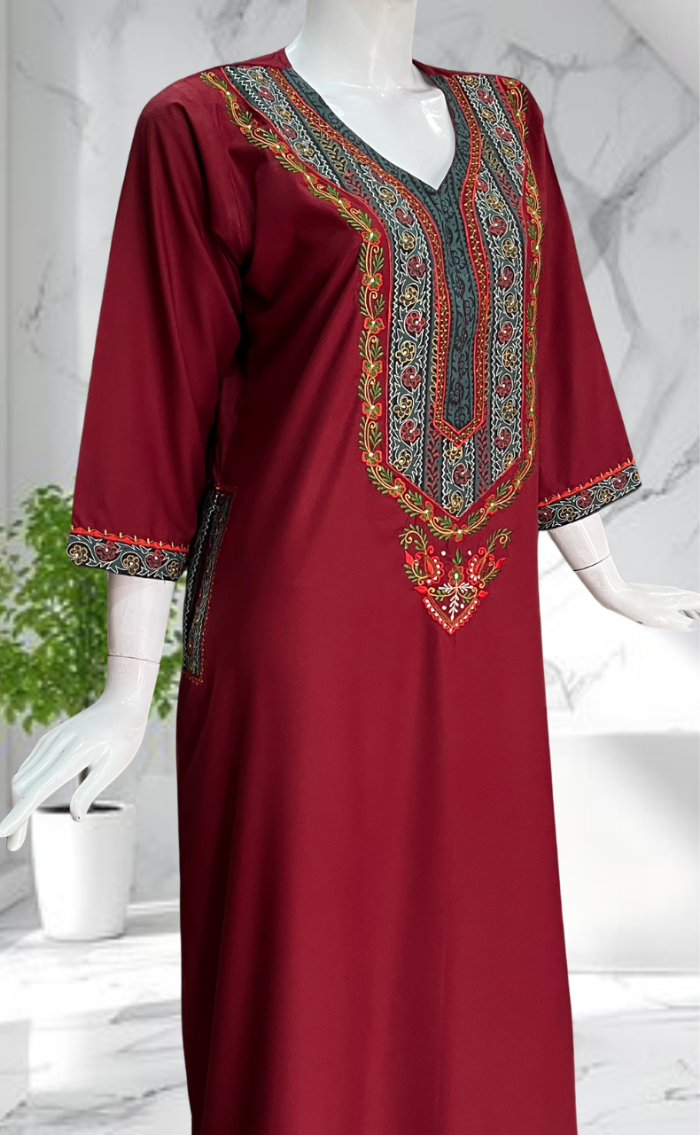 Maroon Bhopali Embroidery Soft Cotton Long Sleeves Nighty. Soft Breathable Fabric | Laces and Frills - Laces and Frills