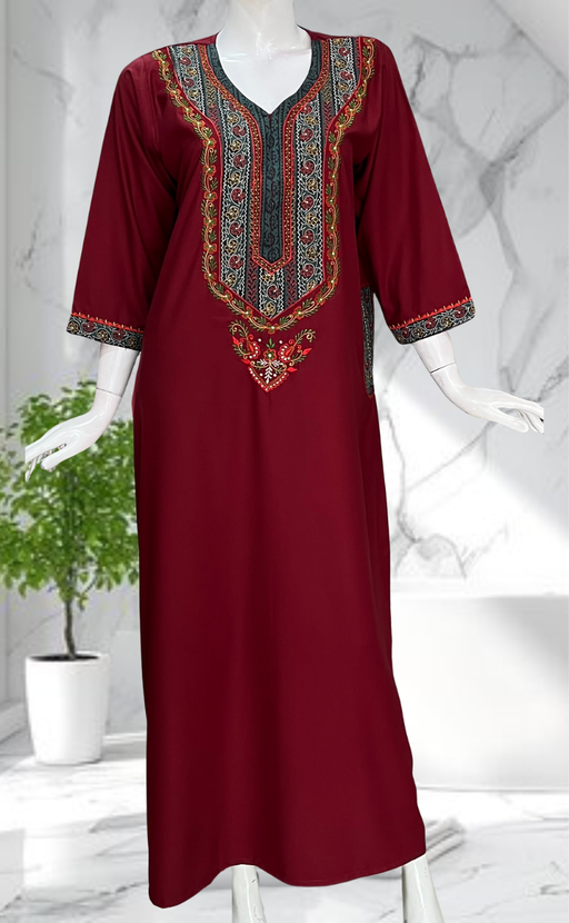 Maroon Bhopali Embroidery Soft Cotton Long Sleeves Nighty. Soft Breathable Fabric | Laces and Frills - Laces and Frills