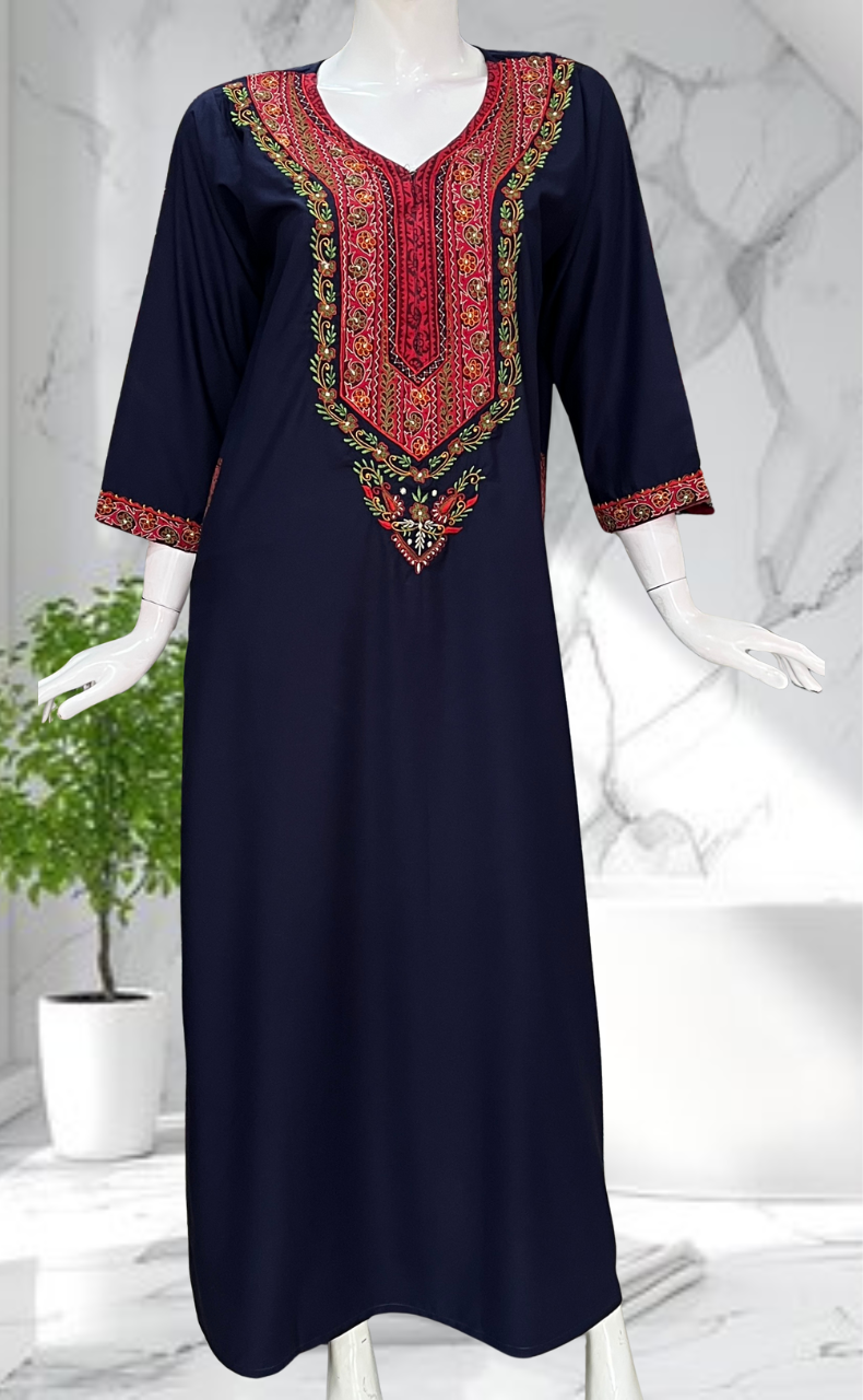 Navy Blue Bhopali Embroidery Soft Cotton Long Sleeves Nighty. Soft Breathable Fabric | Laces and Frills - Laces and Frills