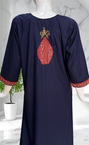 Navy Blue Bhopali Embroidery Soft Cotton Long Sleeves Nighty. Soft Breathable Fabric | Laces and Frills - Laces and Frills