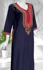 Navy Blue Bhopali Embroidery Soft Cotton Long Sleeves Nighty. Soft Breathable Fabric | Laces and Frills - Laces and Frills
