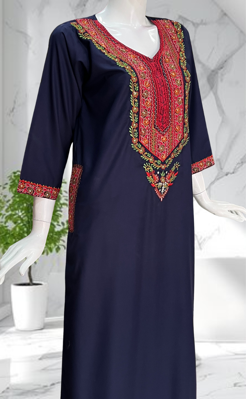 Navy Blue Bhopali Embroidery Soft Cotton Long Sleeves Nighty. Soft Breathable Fabric | Laces and Frills - Laces and Frills