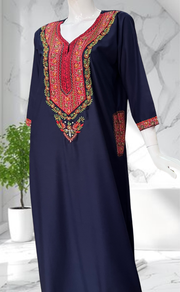 Navy Blue Bhopali Embroidery Soft Cotton Long Sleeves Nighty. Soft Breathable Fabric | Laces and Frills - Laces and Frills